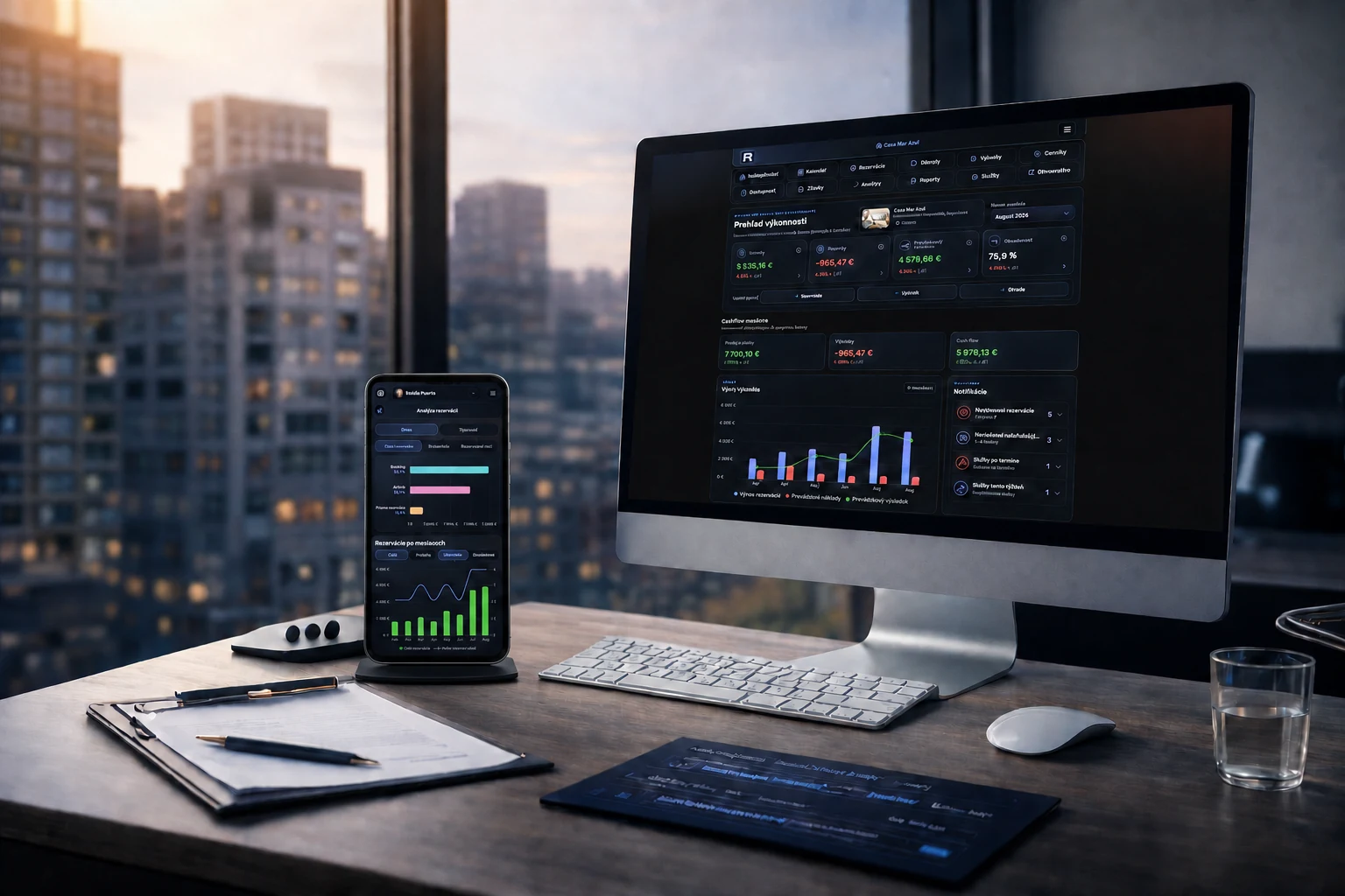 Renvia performance overview on a desktop and booking analysis on a phone in a desk stand